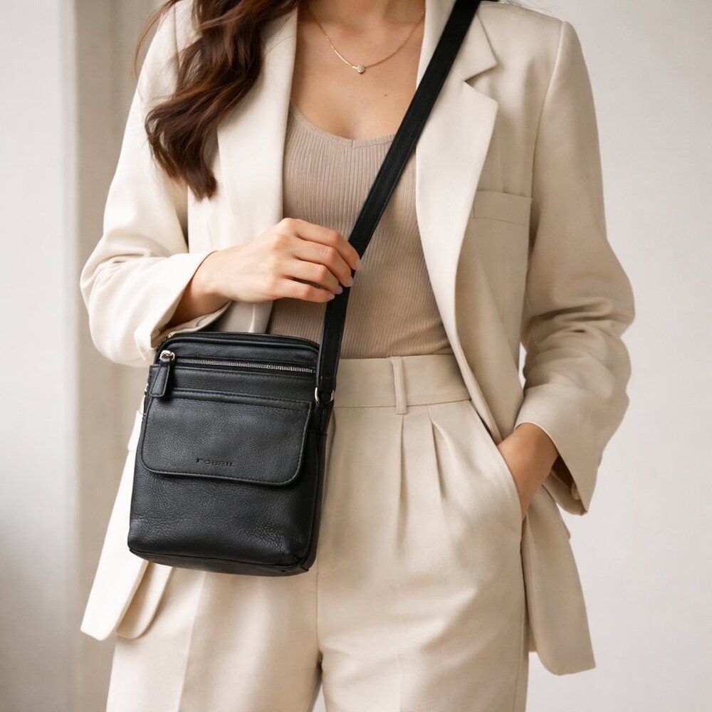Vintage Fossil classic black quiet luxury minimalist leather crossbody bag